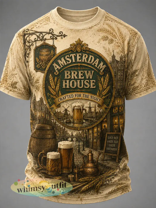 Heren T-shirt met bierthema en retroprint korte mouwen - A / S