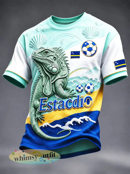 Heren T-shirt met casual print van Curaçao-voetballers en hagedissenpatroon - Veelkleurig / S