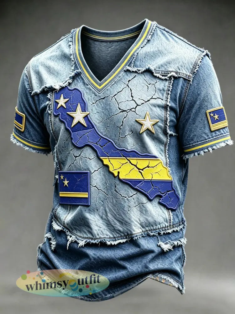Heren T-shirt met Curaçaokaart en denim patchworkprint v-hals casual stijl - Blauw / S