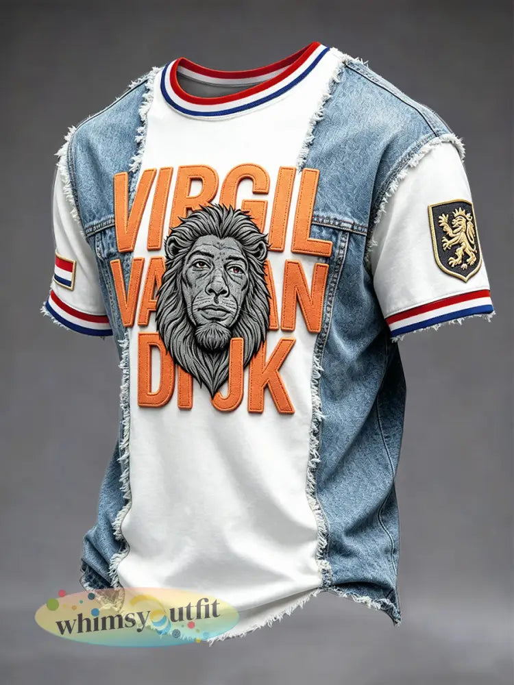 Heren T-shirt met denim patchworkprint van Virgil van Dijk voor voetbalfans - Wit / S