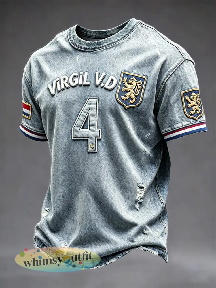 Heren T-shirt met denimprint en voetbalthema van Virgil van Dijk - Blauw / S