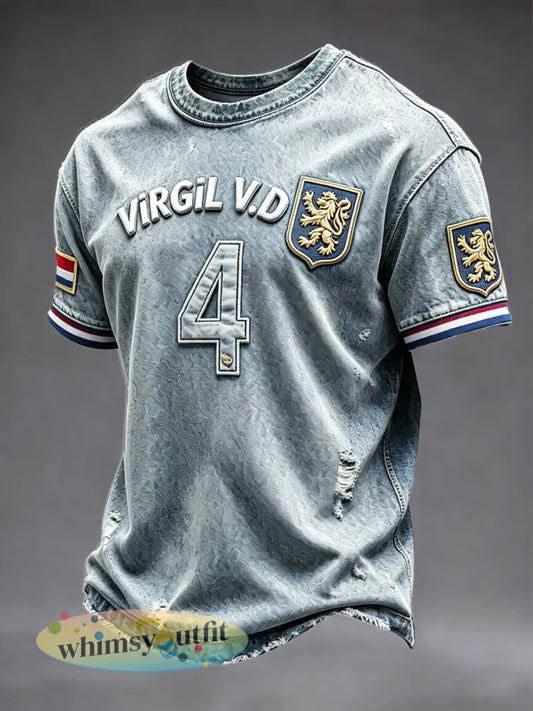 Heren T-shirt met denimprint en voetbalthema van Virgil van Dijk - Blauw / S