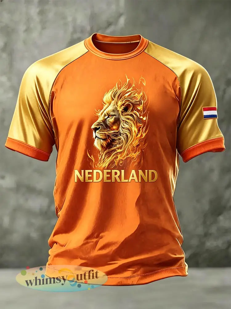 Heren T-shirt met gouden leeuwenprint en raglanmouwen - A / S