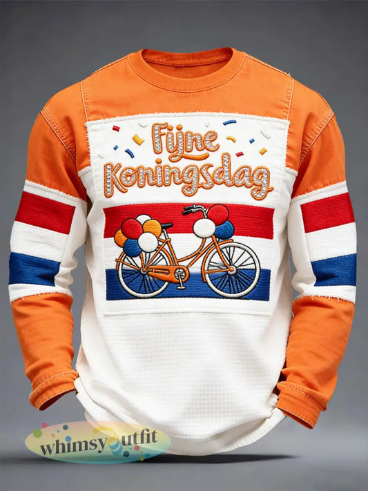 Heren T-shirt met koningsdagprint en patchworkmotief lange mouwen casual - Oranje wit / S