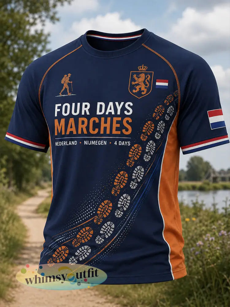Heren-T-shirt met korte mouwen en raglanmouwen voorzien van een grafische print met de tekst ‘Vierdaagse’ - A / S