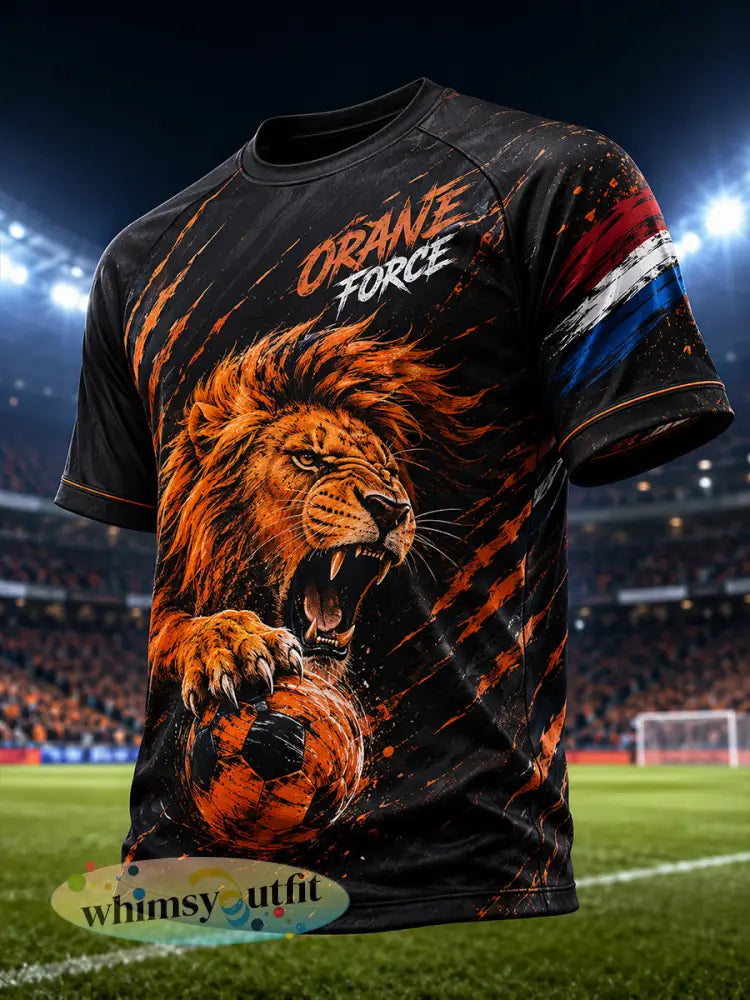 Heren-T-shirt met korte mouwen en raglanmouwen voorzien van een print met leeuw en voetbalthema - A / S