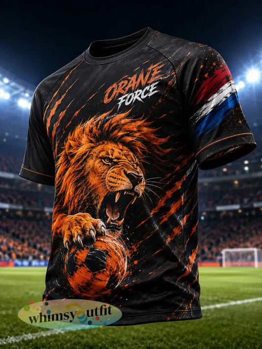 Heren-T-shirt met korte mouwen en raglanmouwen voorzien van een print met leeuw en voetbalthema - A / S