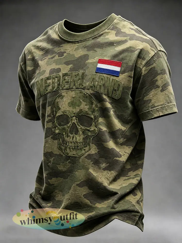 Heren T-shirt met korte mouwen in retrocamouflagestijl en militair motief - A / S