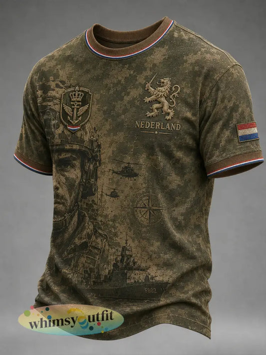 Heren T-shirt met korte mouwen in retrocamouflagestijl en militair motief - A / S