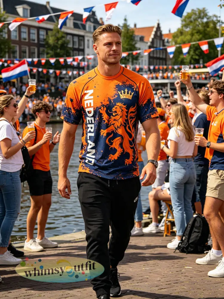 Heren T-shirt met kunstprint ter herinnering aan Koningsdag - E / S