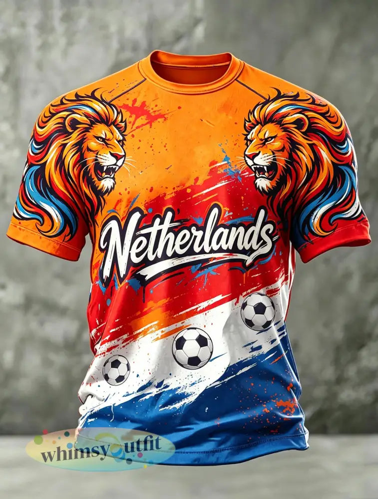Heren T-shirt met kunstprint met voetbalthema: Nederlandse Leeuw - A / S