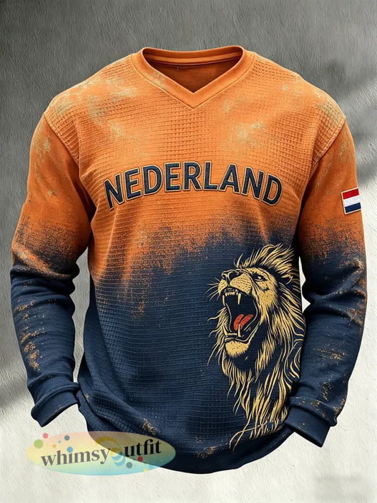 Heren T-shirt met lange mouwen en wafelpatroon voorzien van een leeuwenmotief - A / S