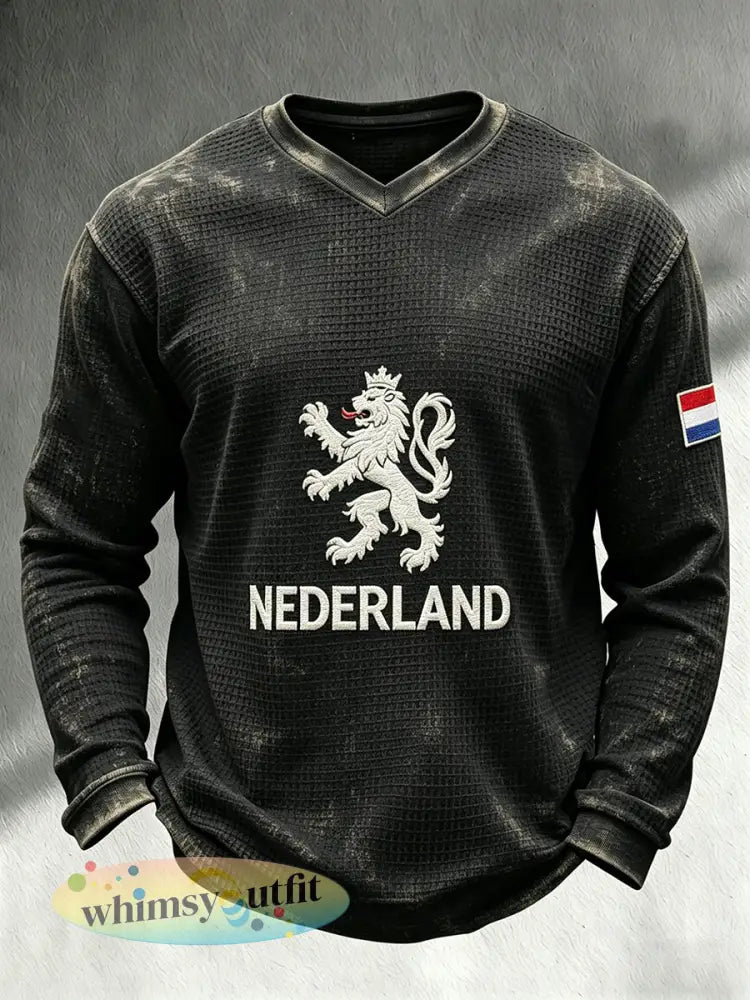 Heren T-shirt met lange mouwen en wafelpatroon voorzien van een leeuwenmotief - A / S