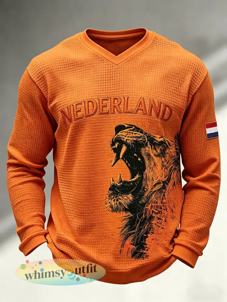 Heren T-shirt met lange mouwen en wafelpatroon voorzien van een leeuwenmotief - A / S