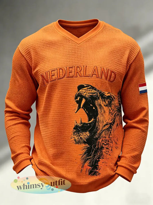 Heren T-shirt met lange mouwen en wafelpatroon voorzien van een leeuwenmotief - A / S