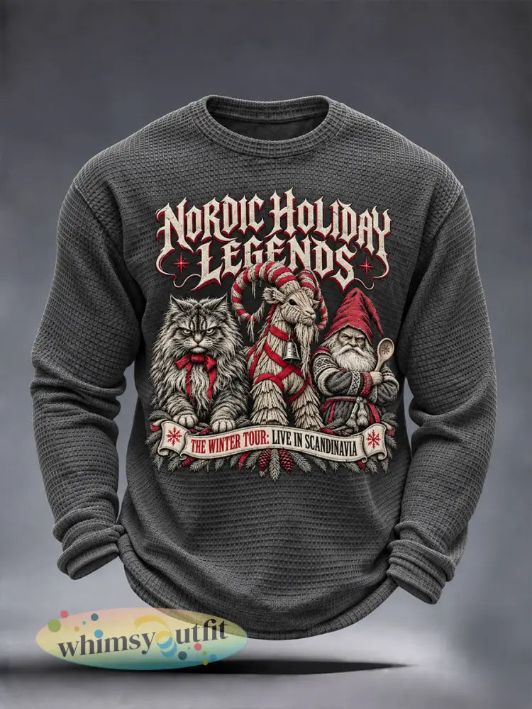 Heren T-shirt met lange mouwen wafelstructuur casual met winterse Sint-Nicolaas- en kerstprint - Donkergrijs / S