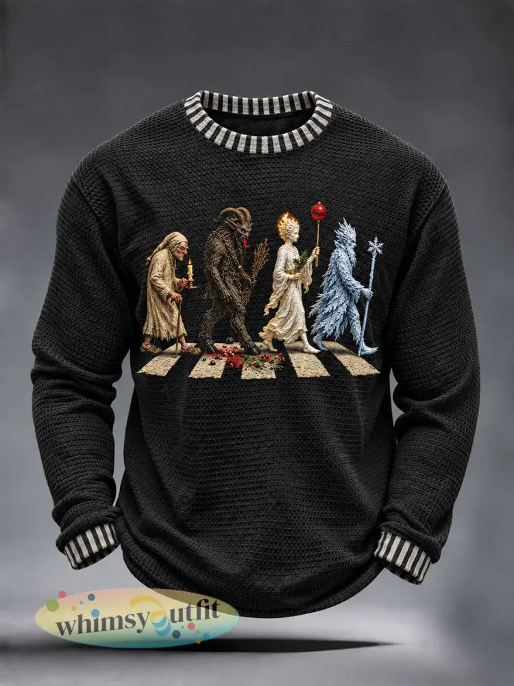 Heren T-shirt met lange mouwen wafelstructuur casual met winterse Sint-Nicolaas- en kerstprint - Zwart / S