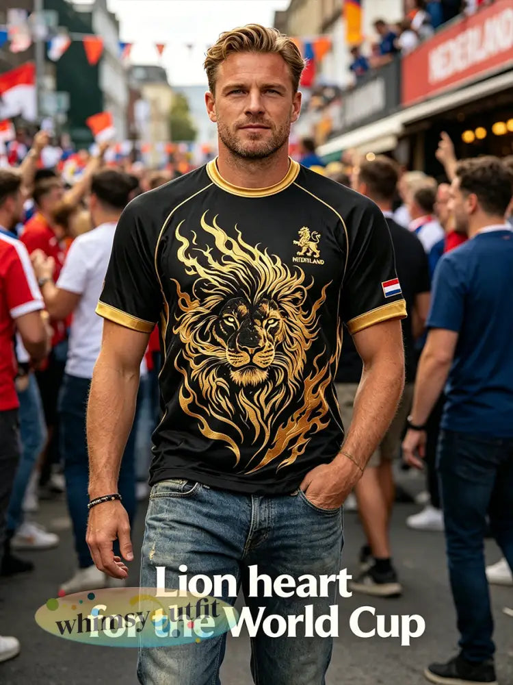 Heren T-shirt met leeuwenprint en raglanmouwen