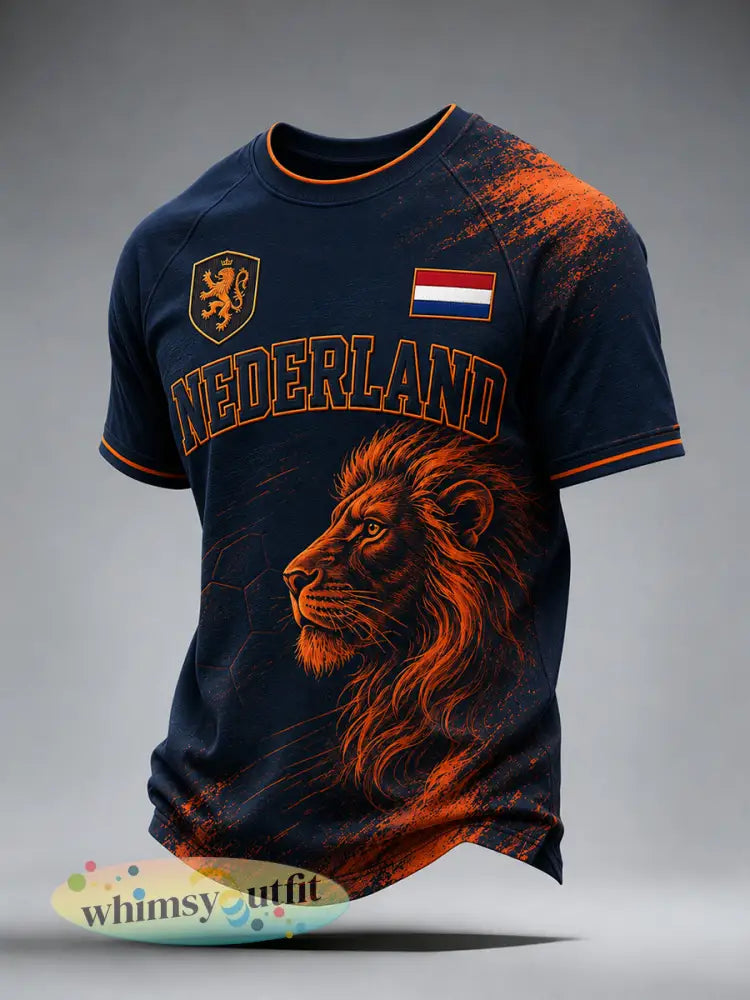 Heren T-shirt met leeuwenvoetbalpatroon raglanmouwen en korte mouwen - A / S