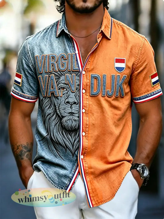 Heren T-shirt met Nederlandse voetbalprint van Virgil van Dijk casual shirt met korte mouwen en leeuwenmotief