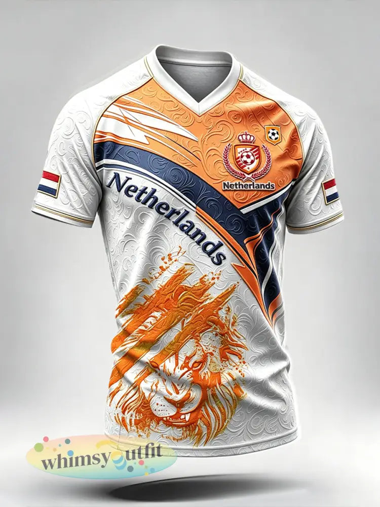 Heren T-shirt met Nederlandse voetbalprint vrijetijdsstijl schouderloos ontwerp en V-hals - Romig-Wit / S