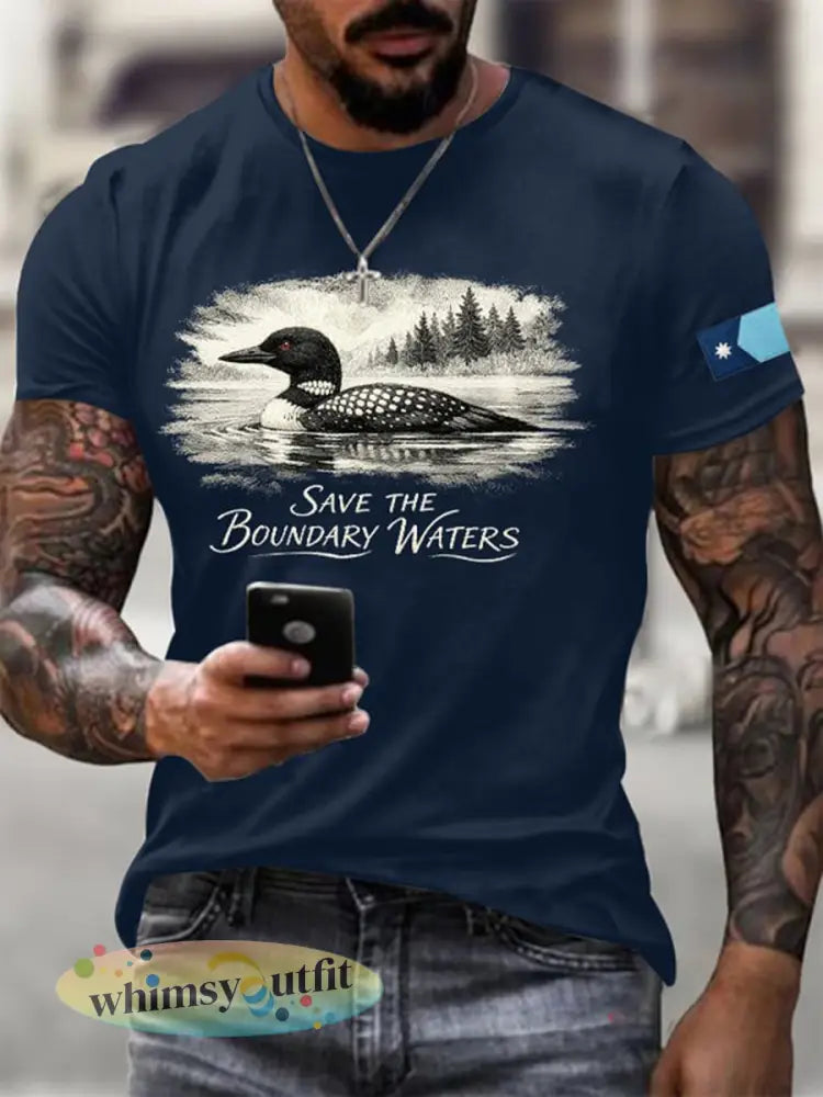 Heren T-shirt met opdruk ’Save The Boundary Waters’ - Marineblauw / S