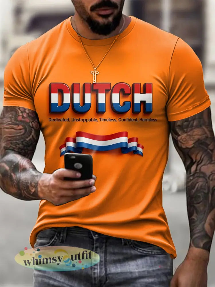 Heren T-shirt met oranje print en tekstontwerp met Nederlandse vlag - Sinaasappel / S
