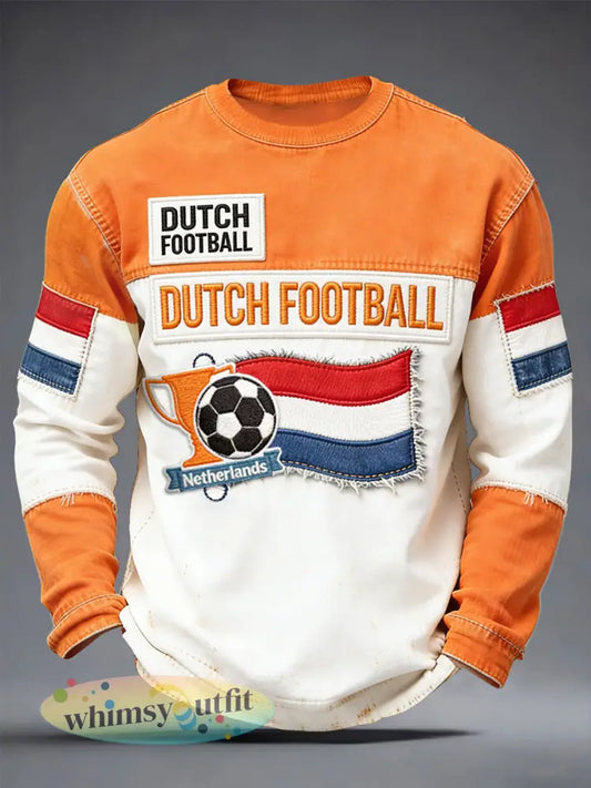Heren T-shirt met patchworkprint en Nederlandse vlag casual lange mouwen - Oranje wit / S