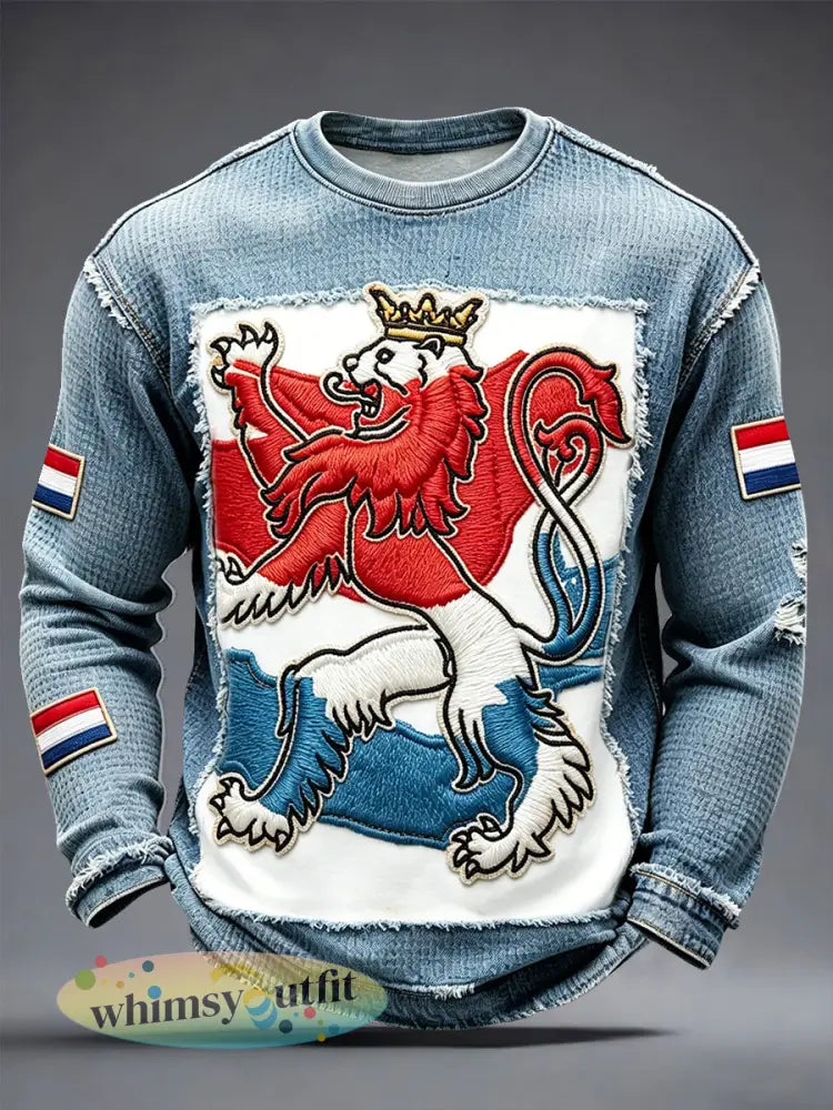 Heren T-shirt met patchworkprint van de Nederlandse vlag casual lange mouwen gewafelde stof - Sinaasappel / S