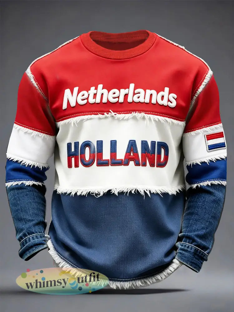 Heren T-shirt met patchworkprint van de Nederlandse vlag casual lange mouwen - Veelkleurig / S