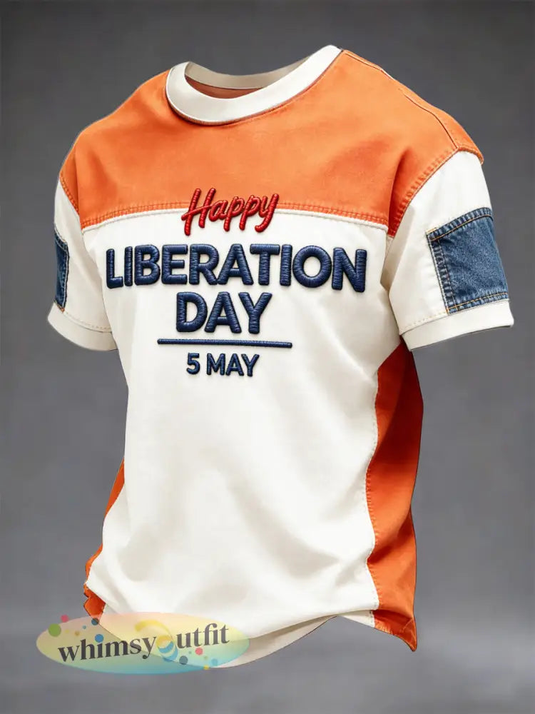 Heren T-shirt met patchworkprint voor de Nederlandse Bevrijdingsdag casual - Sinaasappel / S