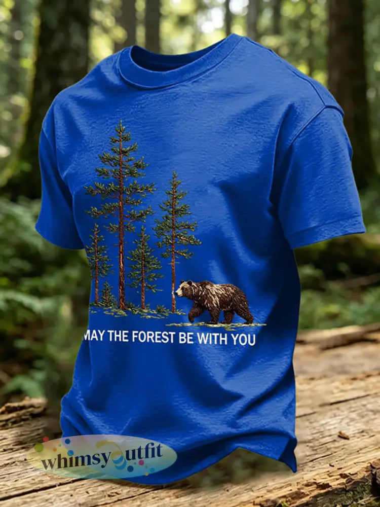 Heren T-shirt met print ’May The Forest Be With You’ casual - Blauw / S