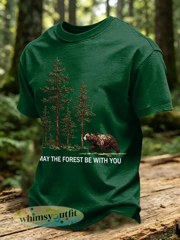 Heren T-shirt met print ’May The Forest Be With You’ casual - Donkergroen / S