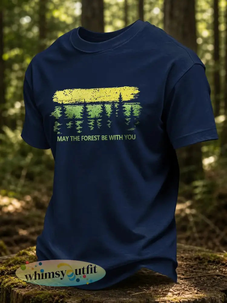 Heren T-shirt met print ’May The Forest Be With You’ casual - Marineblauw / S