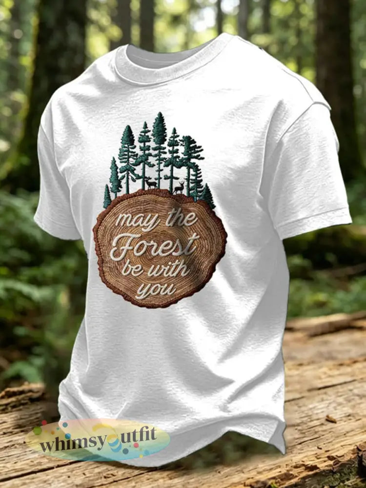 Heren T-shirt met print ’May The Forest Be With You’ casual - Wit / S