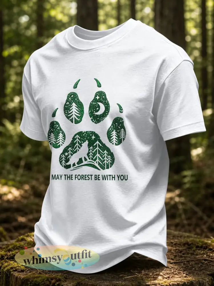 Heren T-shirt met print ’May The Forest Be With You’ casual - Wit / S