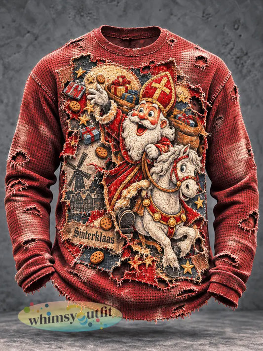 Heren T-shirt met retro Nederlandse Sinterklaasprint casual en langmouw - Rood / S
