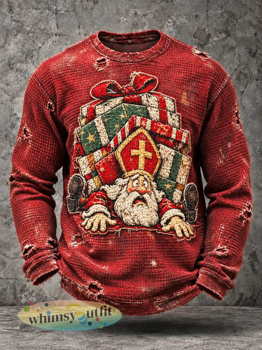 Heren T-shirt met retro rode Sinterklaasprint casual lange mouwen - Rood / S