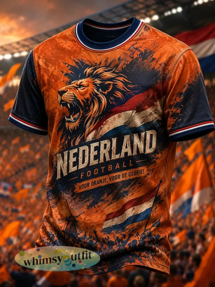 Heren T-shirt met retro voetbalprint en korte mouwen met leeuwenmotief - A / S