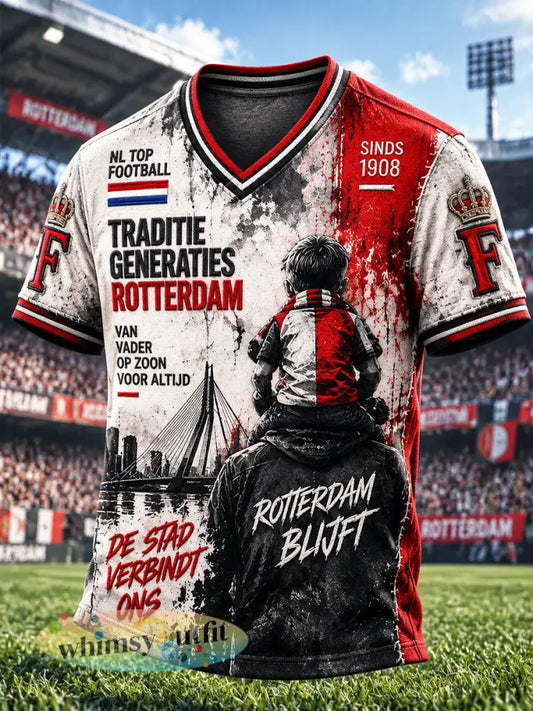 Heren T-shirt met retro Feyenoord-voetbalprint v-hals en casual stijl - Veelkleurig / S