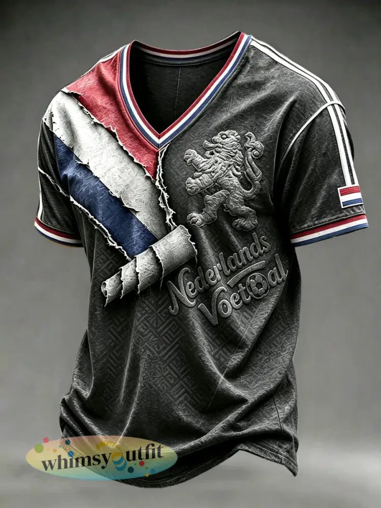 Heren T-shirt met retroprint van de Nederlandse vlag zwart casual met V-hals - Zwart / S