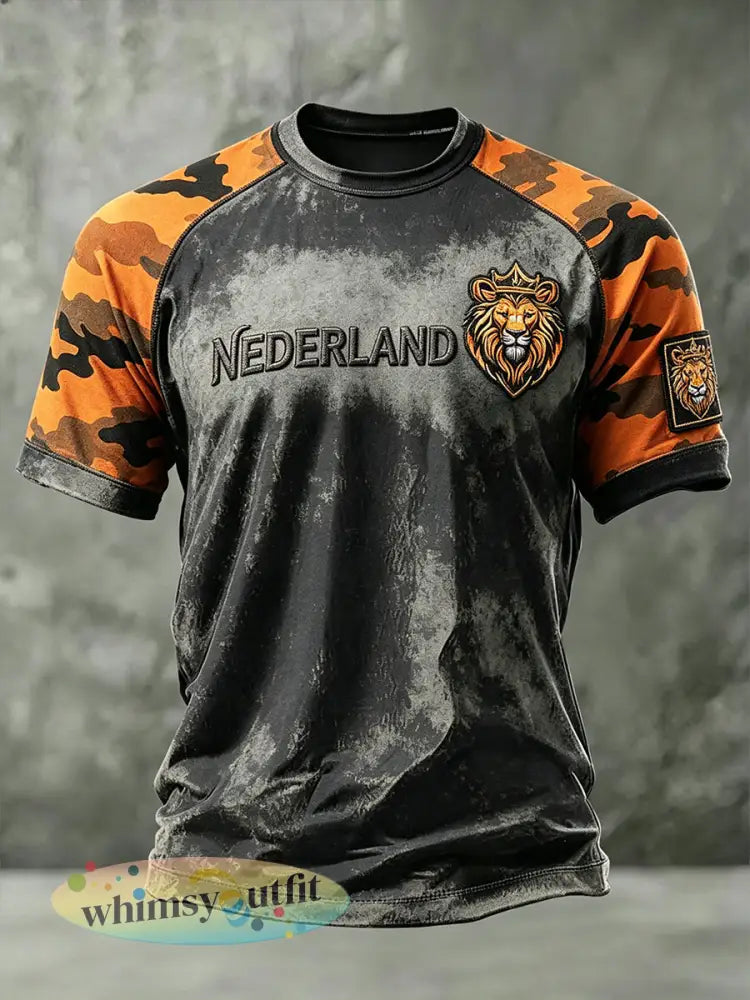 Heren T-shirt met verweerde camouflageprint en leeuwenmotief raglanmouwen - A / S