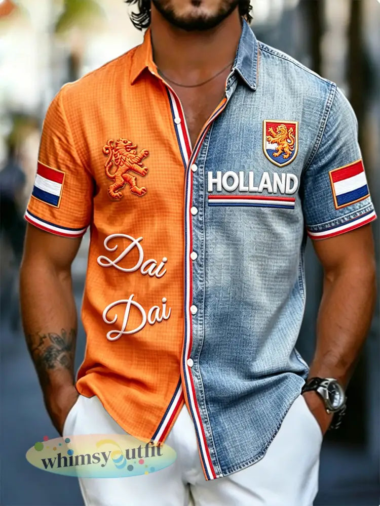 Heren-T-shirt met voetbalprint van Nederland casual patchworkstijl korte mouwen collectie 2026 - Veelkleurig / S