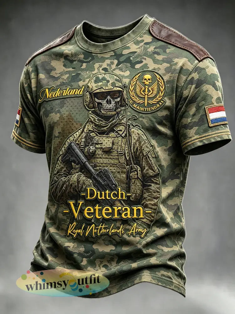 Heren T-shirt met vrijetijdsprint van militair camouflage en de Nederlandse vlag voor veteranen - Groene Leger / S