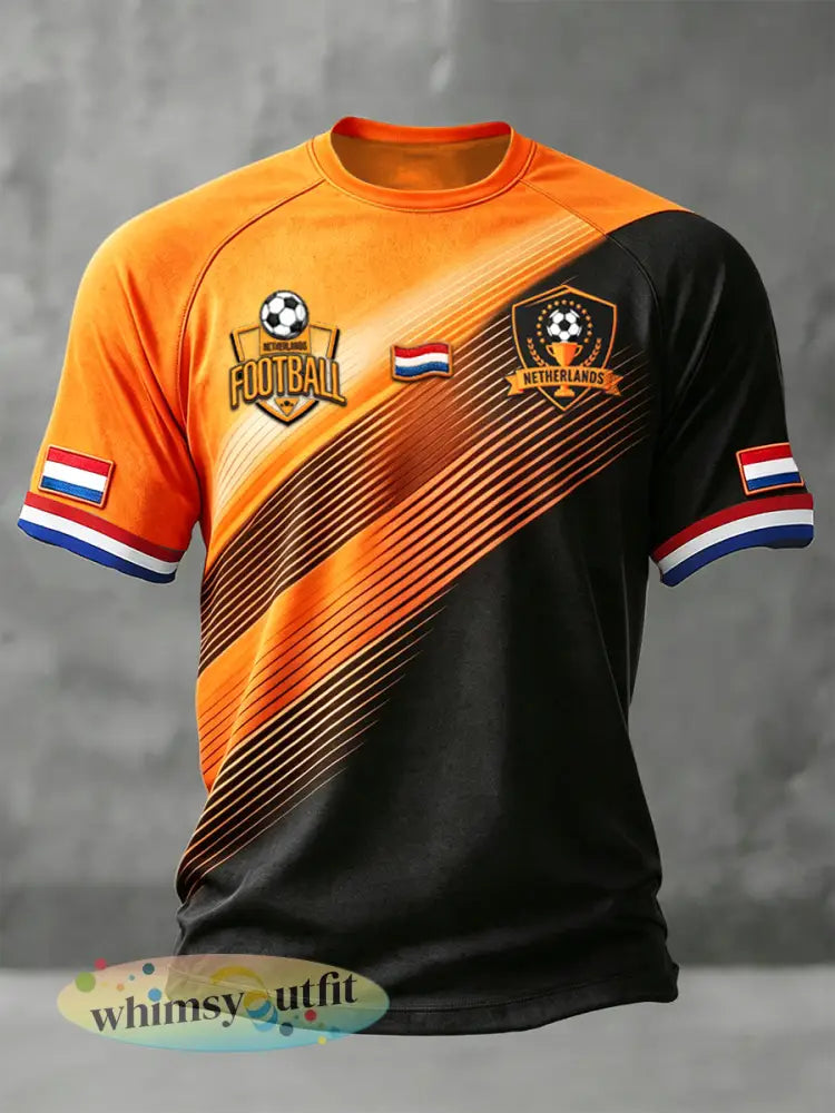 Heren T-shirt met zwarte en oranje gestreepte Nederlandse voetbalprint casual met vrije schouders - Zwarte Sinaasappel