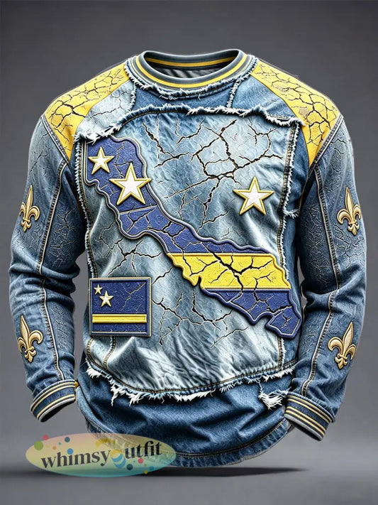 Heren T-shirt van Curaçaos denim met patchwork en 3D-print casual lange mouwen - Blauw / S