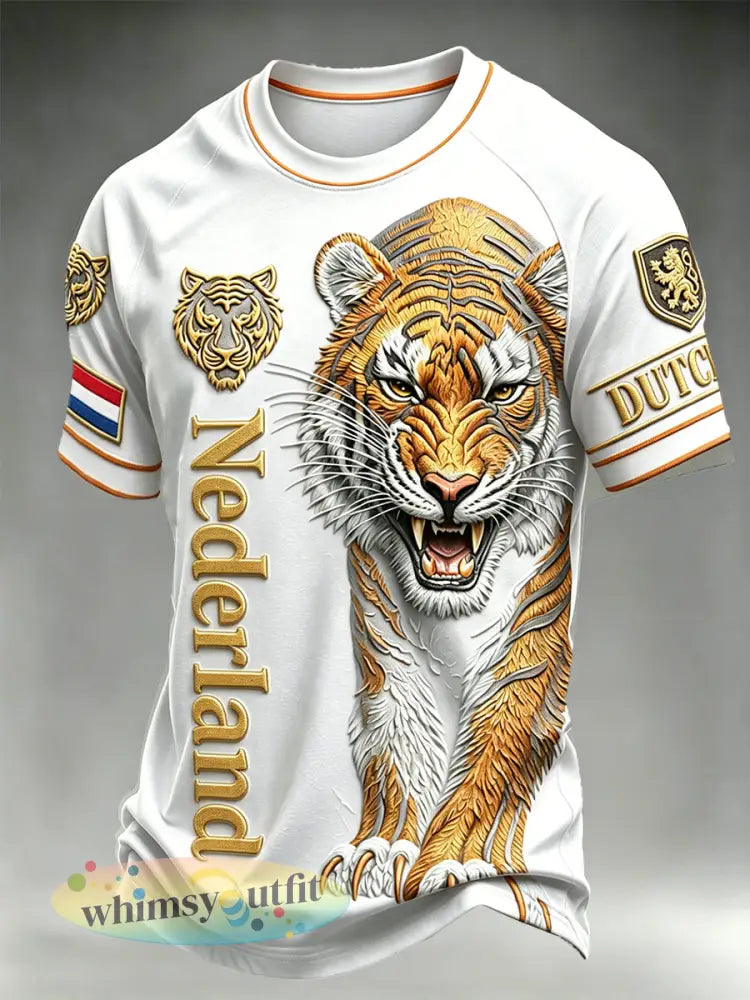 Heren T-shirt van Nederland met tijgermotief 3D-geprint wit casual schouderloos - Wit / S