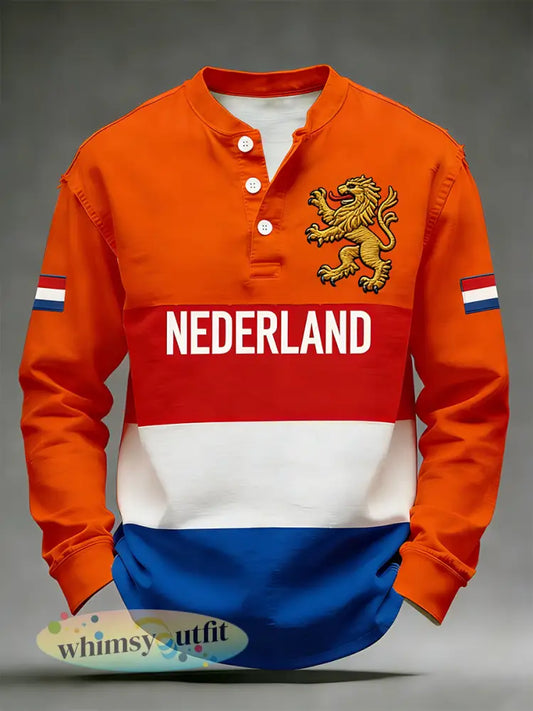 Heren T-shirt voor Koningsdag met print en V-hals lange mouwen - A / S