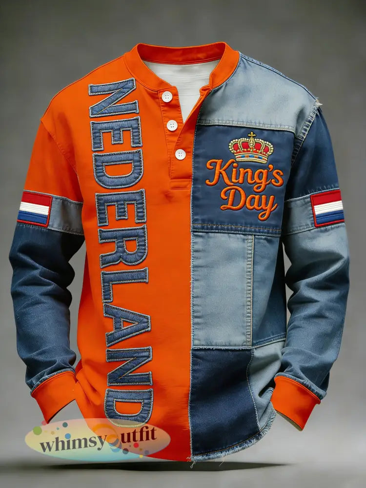 Heren T-shirt voor Koningsdag met print en V-hals lange mouwen - A / S