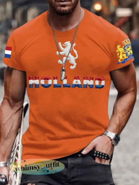 Heren T-shirt voor Koningsdag van katoen met korte mouwen - Oranje / S